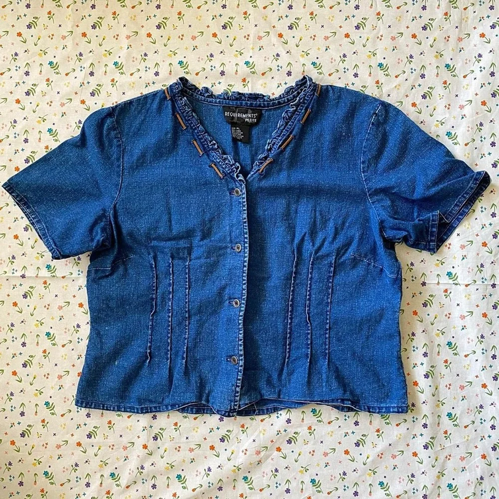 short sleeve blouse with brown suede ties. From the brand Requirements - Picture 1 of 7